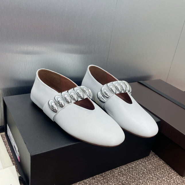 ALAIA MARY JANE FLATS 25S IN WHITE CALFSKIN WITH SILVER HARDWARE