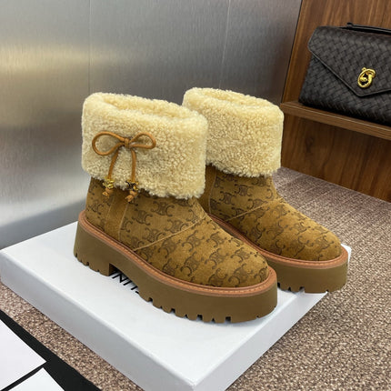 CELINE 26S ANKLE BOOTS 45 MM IN BROWN SUEDE AND BEIGE WOOL