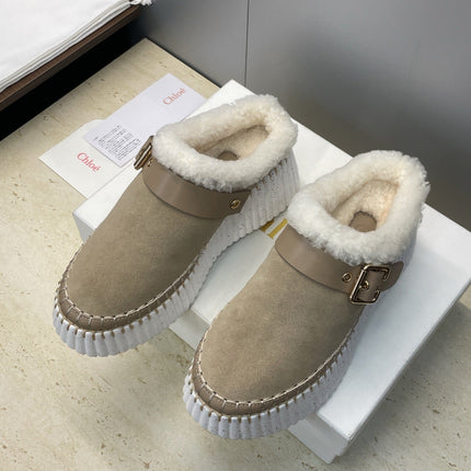 CHLOÉ 26S FUR-LINED WEDGE MULES IN DARK BEIGE SUEDE
