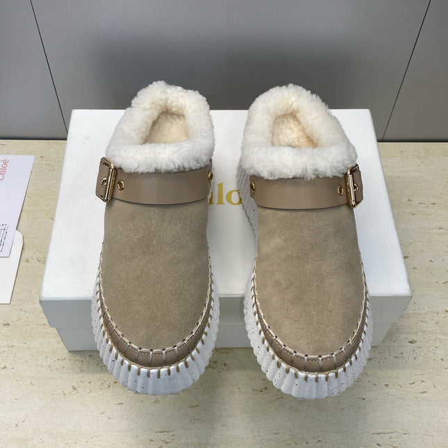 CHLOÉ 26S FUR-LINED WEDGE MULES IN DARK BEIGE SUEDE