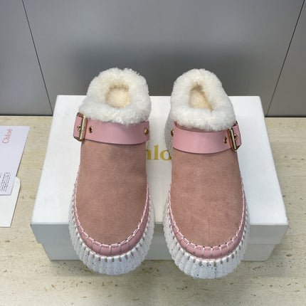 CHLOÉ 26S FUR-LINED WEDGE MULES IN LIGHT PINK SUEDE