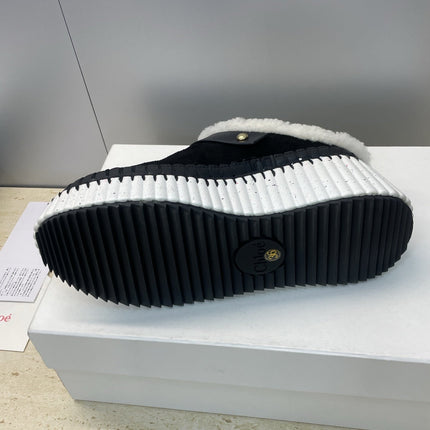 CHLOÉ 26S FUR-LINED WEDGE MULES IN BLACK SUEDE