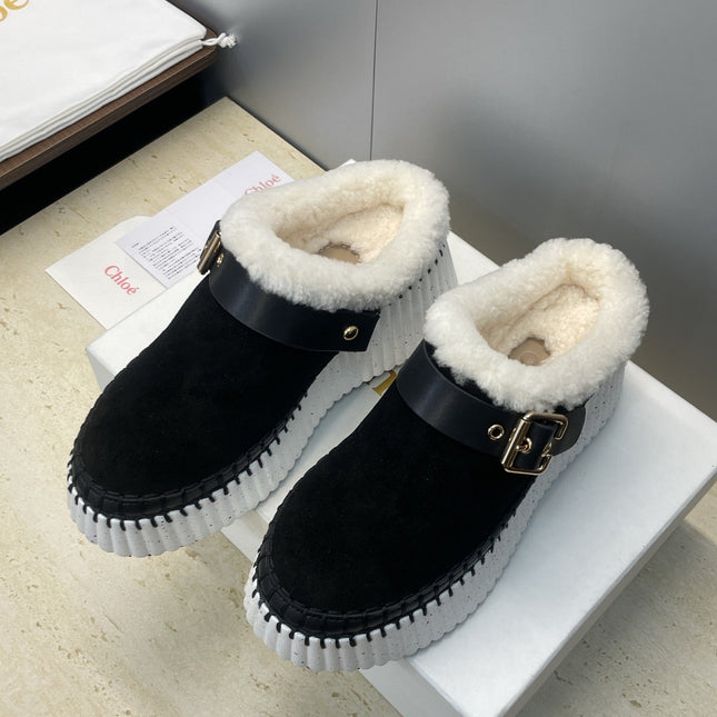 CHLOÉ 26S FUR-LINED WEDGE MULES IN BLACK SUEDE