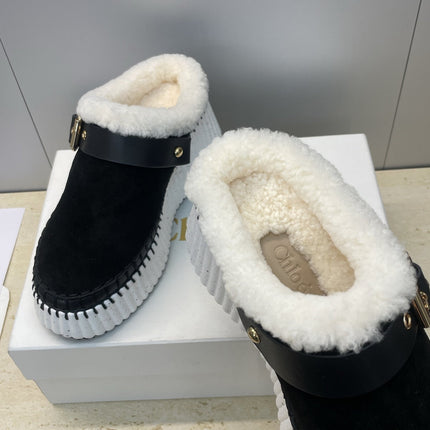 CHLOÉ 26S FUR-LINED WEDGE MULES IN BLACK SUEDE