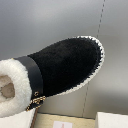 CHLOÉ 26S FUR-LINED WEDGE MULES IN BLACK SUEDE