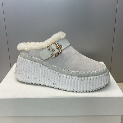 CHLOÉ 26S FUR-LINED WEDGE MULES IN LIGHT GREY SUEDE