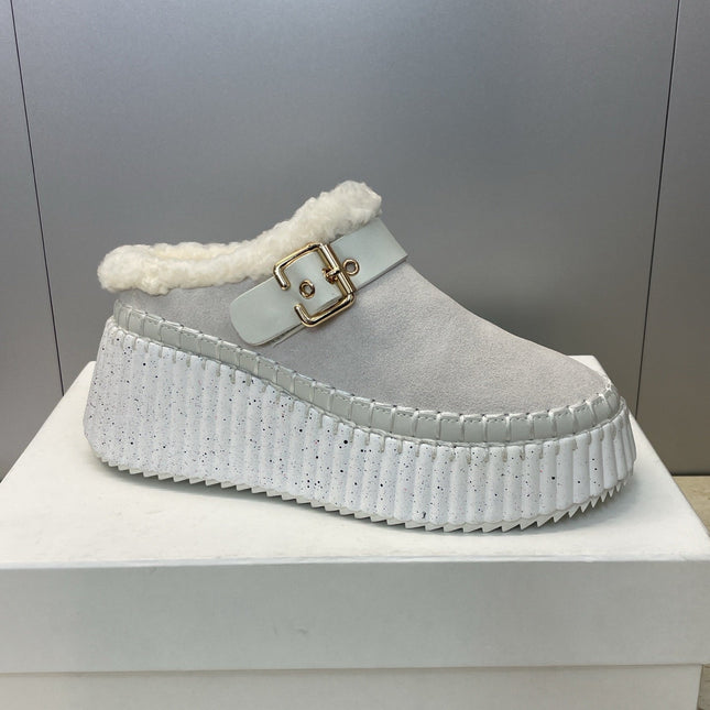 CHLOÉ 26S FUR-LINED WEDGE MULES IN LIGHT GREY SUEDE