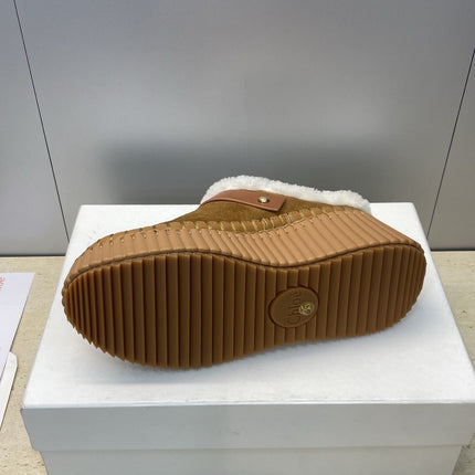CHLOÉ 26S FUR-LINED WEDGE MULES IN BROWN SUEDE