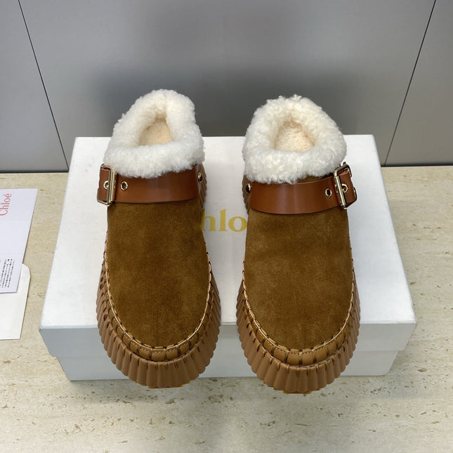 CHLOÉ 26S FUR-LINED WEDGE MULES IN BROWN SUEDE