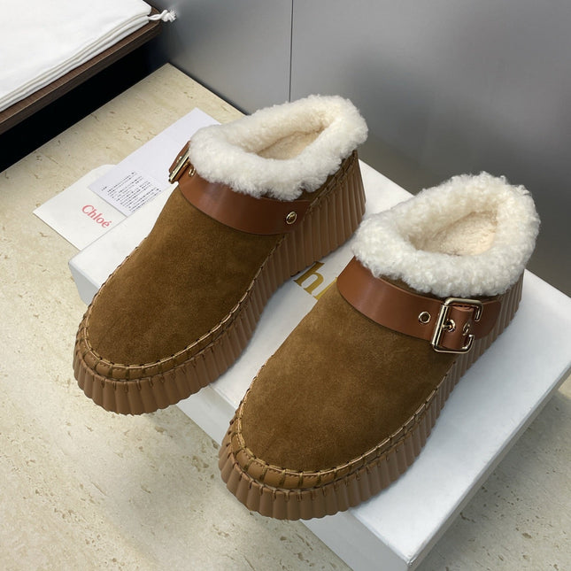 CHLOÉ 26S FUR-LINED WEDGE MULES IN BROWN SUEDE