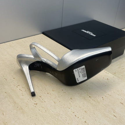 YSL 26S HEELED SANDALS 95 MM IN SILVER CALFSKIN