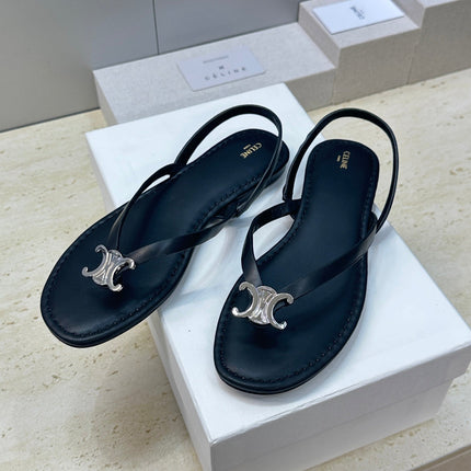 CELINE 26S THONG SANDALS IN BLACK CALFSKIN