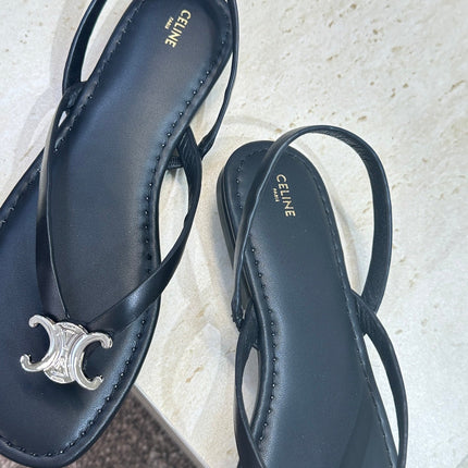 CELINE 26S THONG SANDALS IN BLACK CALFSKIN