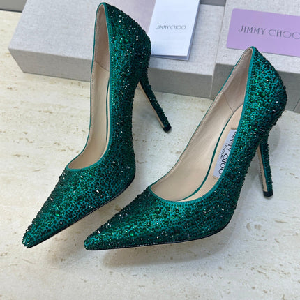 JIMMY CHOO 26S HIGH HEELS 95 MM IN GREEN CRYSTAL-EMBELLISHED