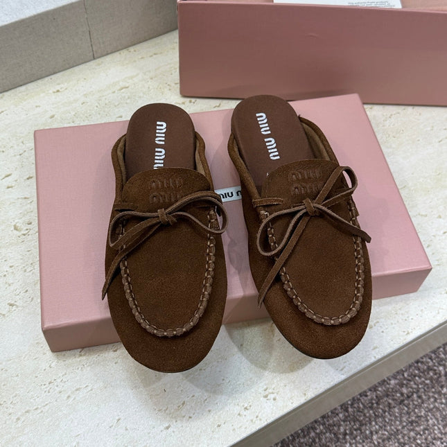 MIUMIU 26S SNEAKER MULES IN DARK BROWN SUEDE WITH BOW