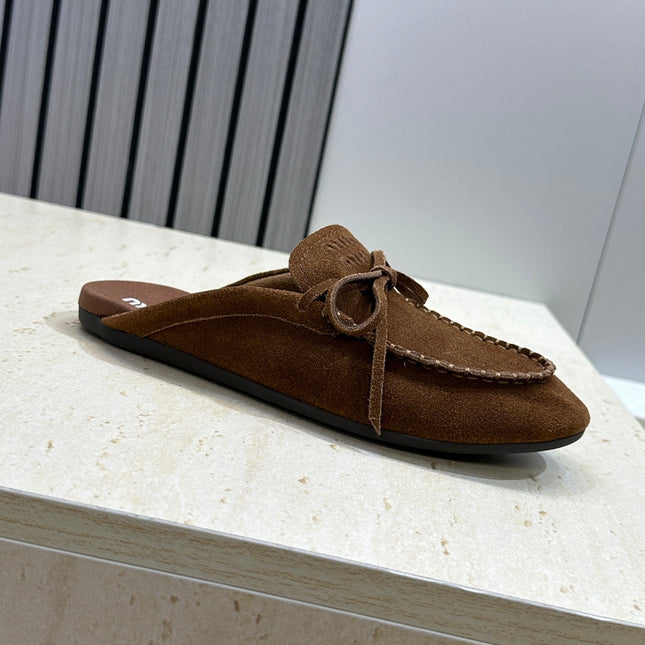 MIUMIU 26S SNEAKER MULES IN DARK BROWN SUEDE WITH BOW
