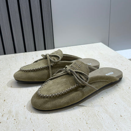 MIUMIU 26S SNEAKER MULES IN DARK OLIVE GREEN SUEDE WITH BOW
