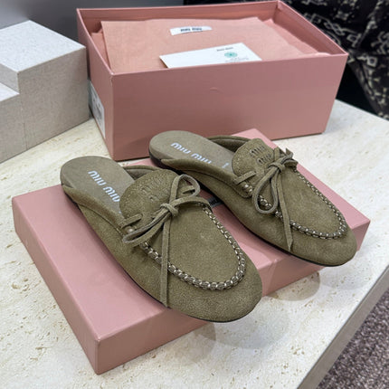 MIUMIU 26S SNEAKER MULES IN DARK OLIVE GREEN SUEDE WITH BOW