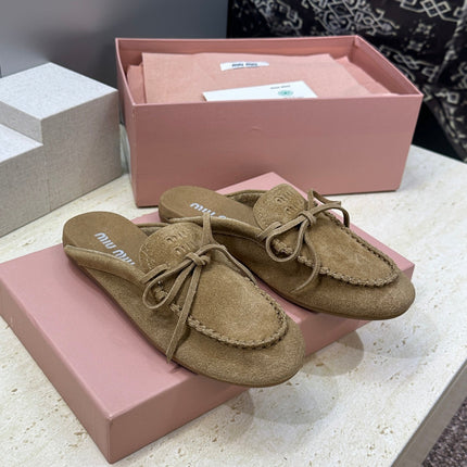 MIUMIU 26S SNEAKER MULES IN OLIVE BROWN SUEDE WITH BOW