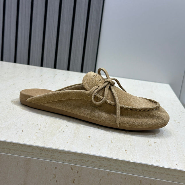 MIUMIU 26S SNEAKER MULES IN OLIVE BROWN SUEDE WITH BOW