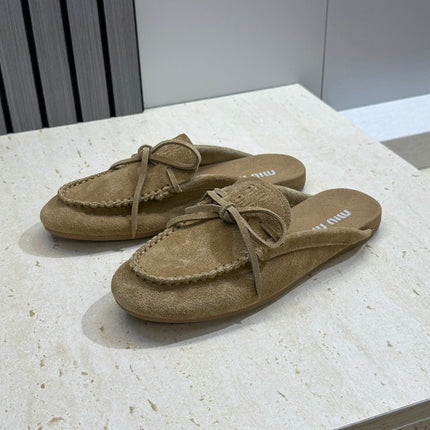 MIUMIU 26S SNEAKER MULES IN OLIVE BROWN SUEDE WITH BOW