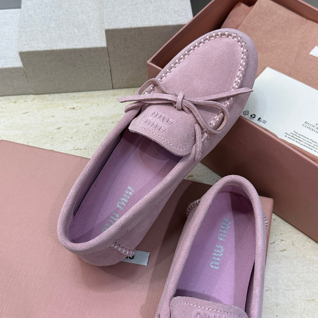 MIUMIU 26S LOAFERS IN LIGHT PURPLE SUEDE WITH BOW