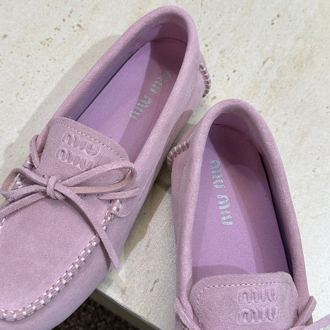 MIUMIU 26S LOAFERS IN LIGHT PURPLE SUEDE WITH BOW