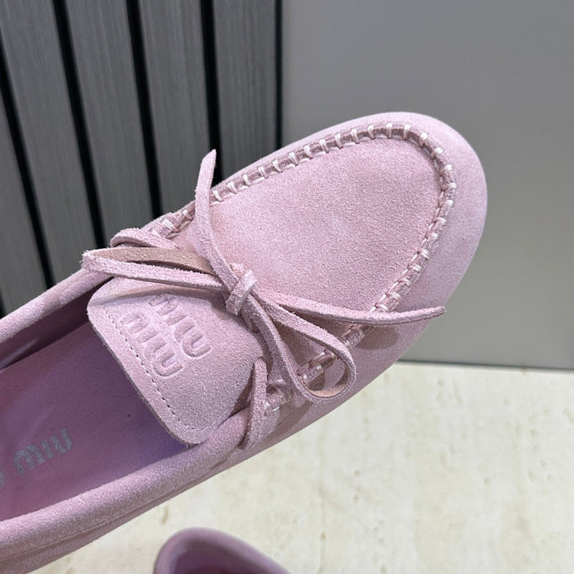 MIUMIU 26S LOAFERS IN LIGHT PURPLE SUEDE WITH BOW