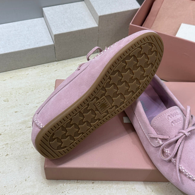 MIUMIU 26S LOAFERS IN LIGHT PURPLE SUEDE WITH BOW