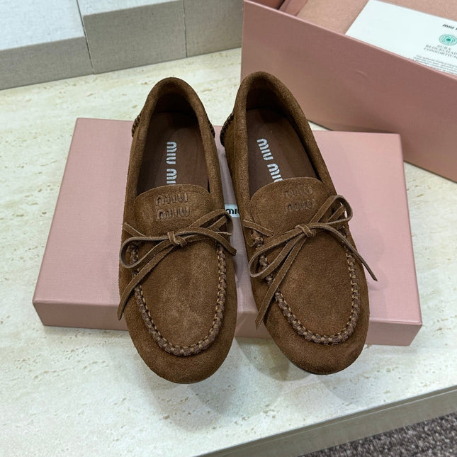 MIUMIU 26S LOAFERS IN DARK BROWN SUEDE WITH BOW