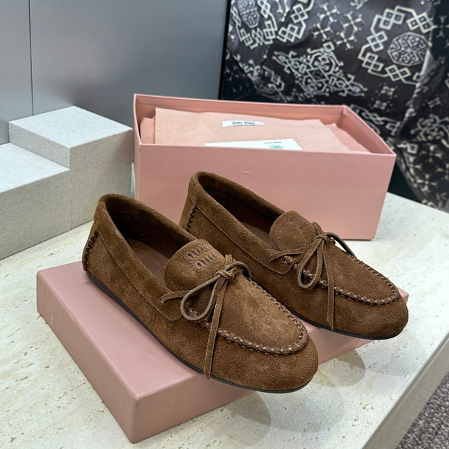 MIUMIU 26S LOAFERS IN DARK BROWN SUEDE WITH BOW