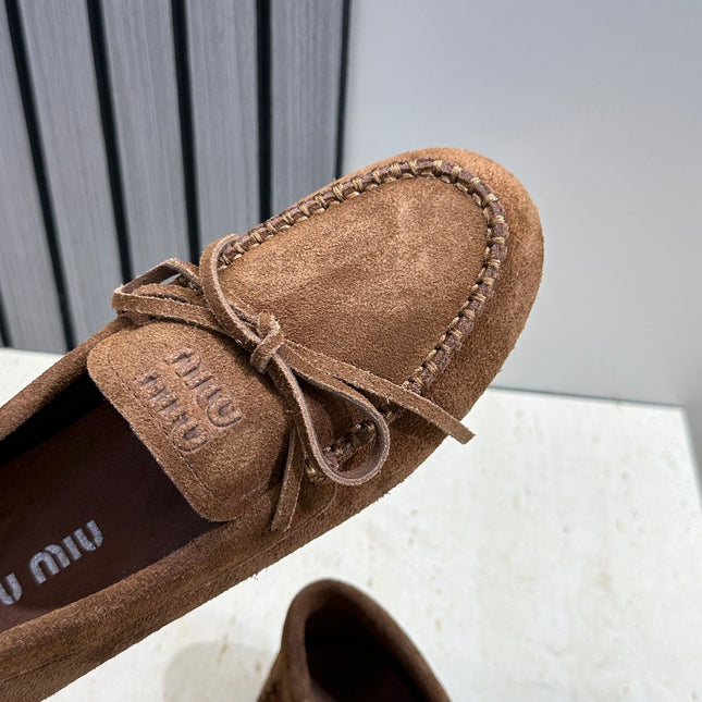 MIUMIU 26S LOAFERS IN DARK BROWN SUEDE WITH BOW