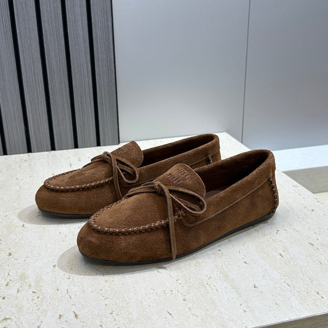 MIUMIU 26S LOAFERS IN DARK BROWN SUEDE WITH BOW