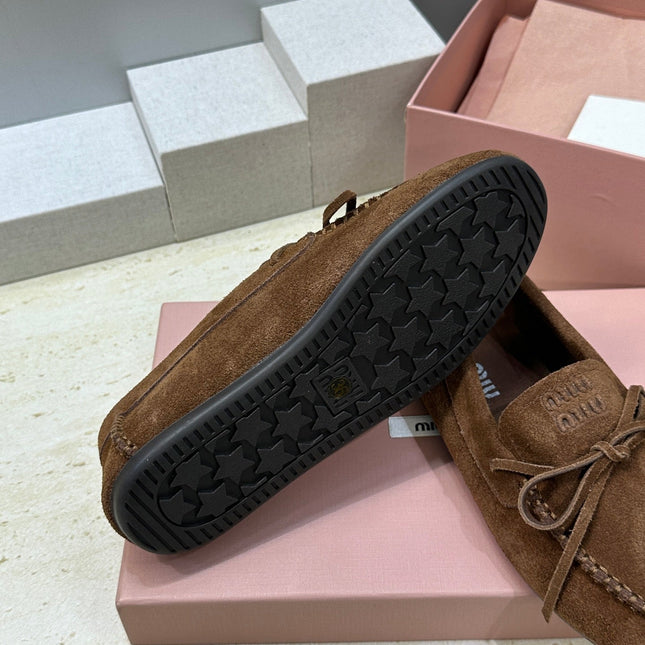 MIUMIU 26S LOAFERS IN DARK BROWN SUEDE WITH BOW