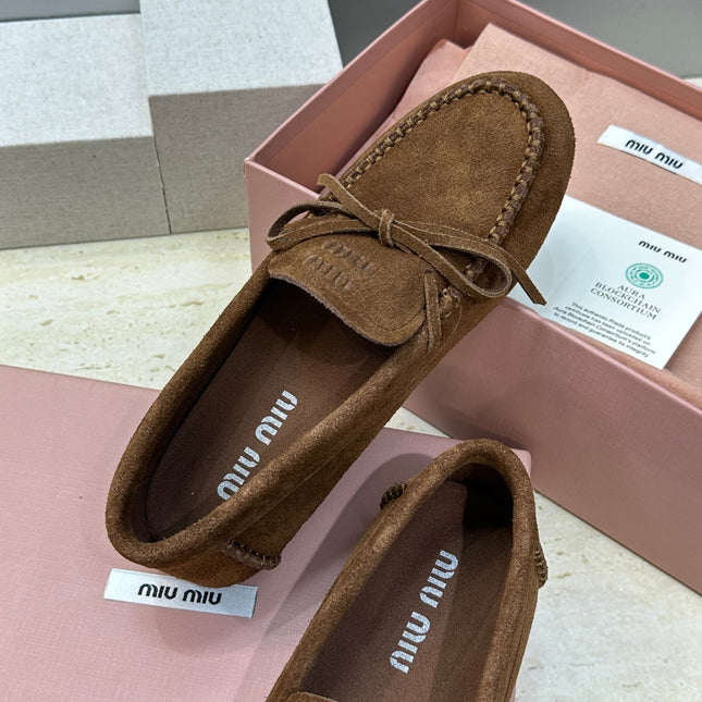MIUMIU 26S LOAFERS IN DARK BROWN SUEDE WITH BOW