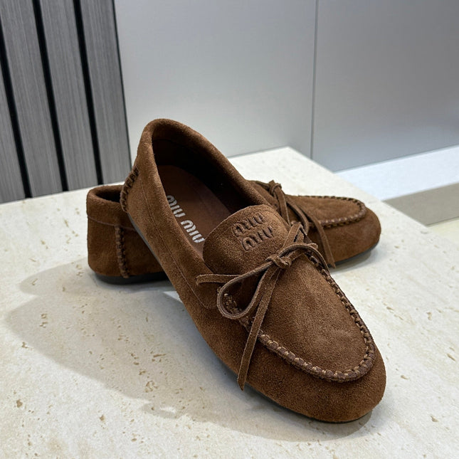 MIUMIU 26S LOAFERS IN DARK BROWN SUEDE WITH BOW