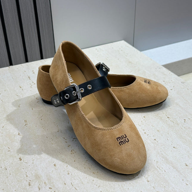 MIUMIU 26S MARY JANE FLATS IN TAN BROWN SUEDE WITH BUCKLE STRAP CALFSKIN