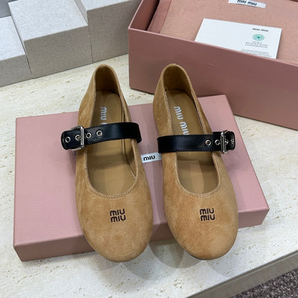 MIUMIU 26S MARY JANE FLATS IN TAN BROWN SUEDE WITH BUCKLE STRAP CALFSKIN