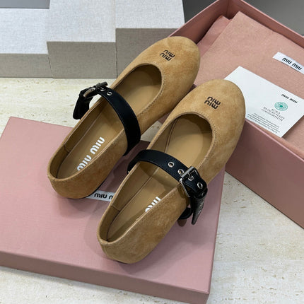 MIUMIU 26S MARY JANE FLATS IN TAN BROWN SUEDE WITH BUCKLE STRAP CALFSKIN