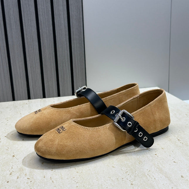 MIUMIU 26S MARY JANE FLATS IN TAN BROWN SUEDE WITH BUCKLE STRAP CALFSKIN