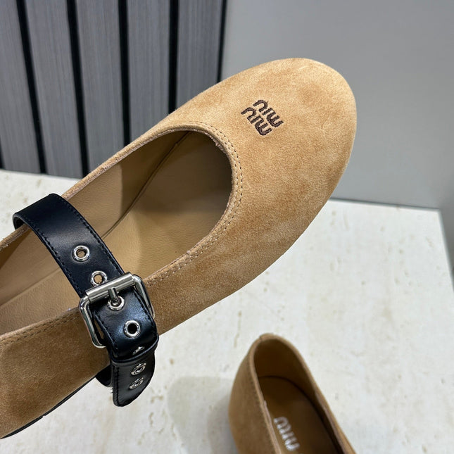 MIUMIU 26S MARY JANE FLATS IN TAN BROWN SUEDE WITH BUCKLE STRAP CALFSKIN