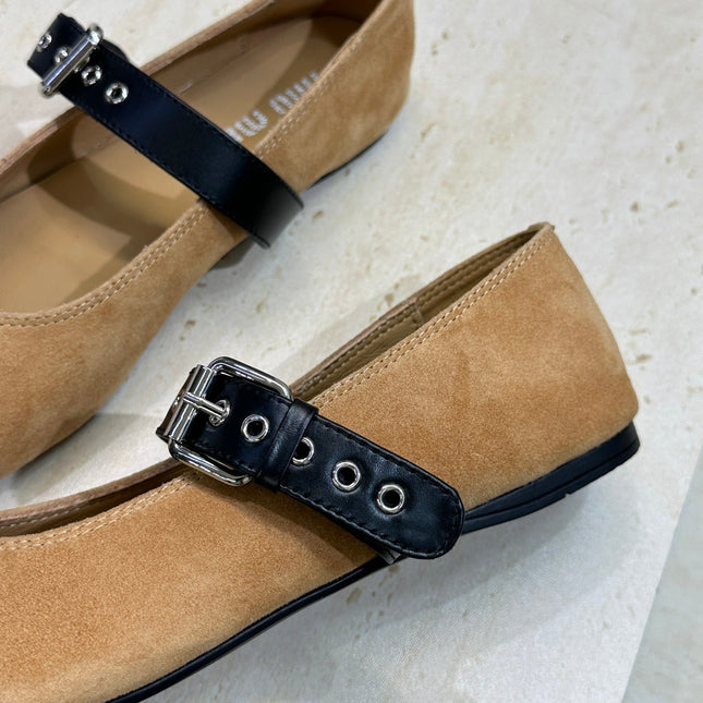 MIUMIU 26S MARY JANE FLATS IN TAN BROWN SUEDE WITH BUCKLE STRAP CALFSKIN