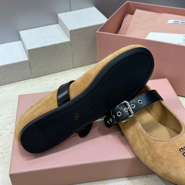 MIUMIU 26S MARY JANE FLATS IN TAN BROWN SUEDE WITH BUCKLE STRAP CALFSKIN