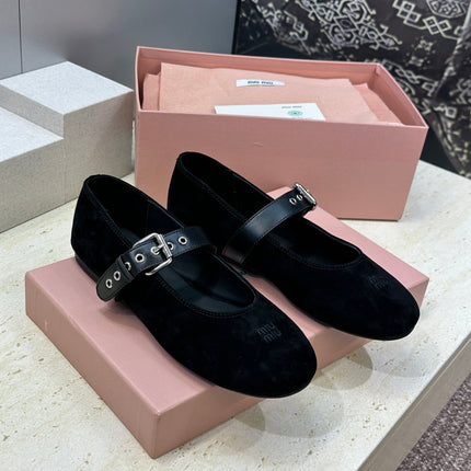 MIUMIU 26S MARY JANE FLATS IN BLACK SUEDE WITH BUCKLE STRAP CALFSKIN