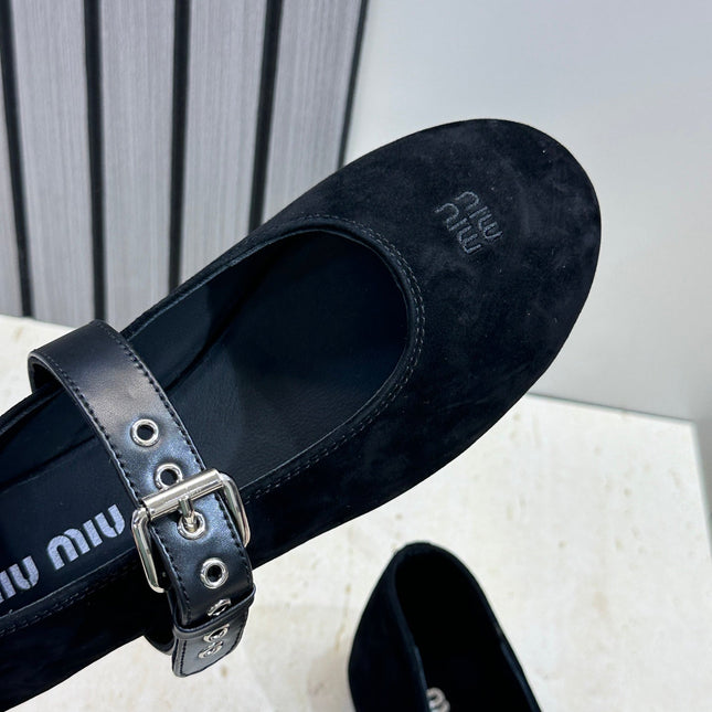 MIUMIU 26S MARY JANE FLATS IN BLACK SUEDE WITH BUCKLE STRAP CALFSKIN