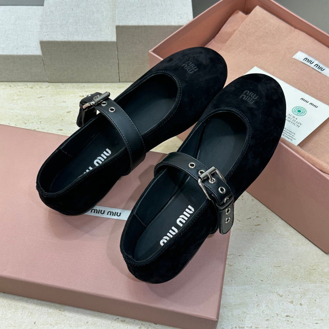 MIUMIU 26S MARY JANE FLATS IN BLACK SUEDE WITH BUCKLE STRAP CALFSKIN