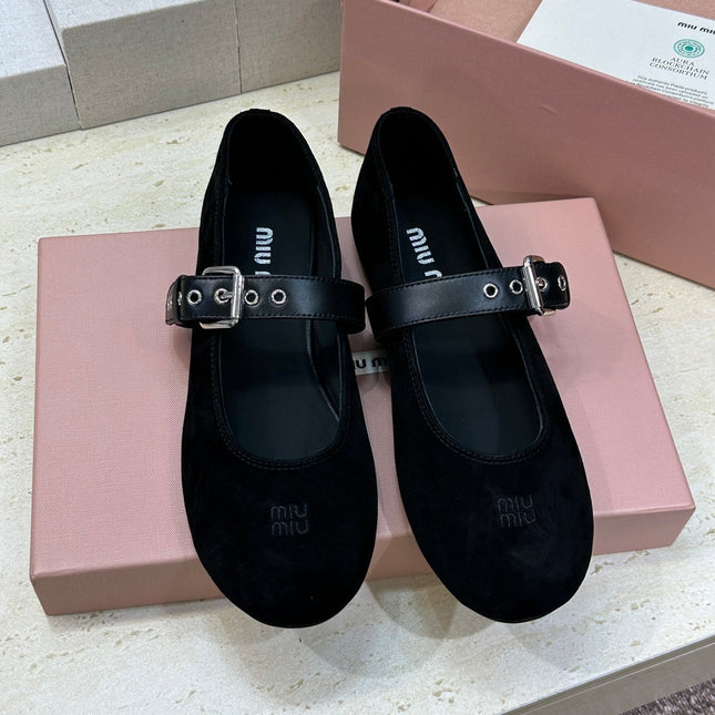 MIUMIU 26S MARY JANE FLATS IN BLACK SUEDE WITH BUCKLE STRAP CALFSKIN