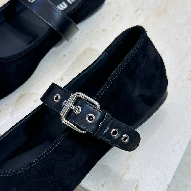 MIUMIU 26S MARY JANE FLATS IN BLACK SUEDE WITH BUCKLE STRAP CALFSKIN