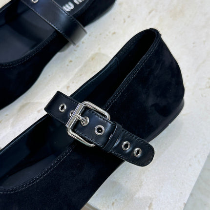 MIUMIU 26S MARY JANE FLATS IN BLACK SUEDE WITH BUCKLE STRAP CALFSKIN