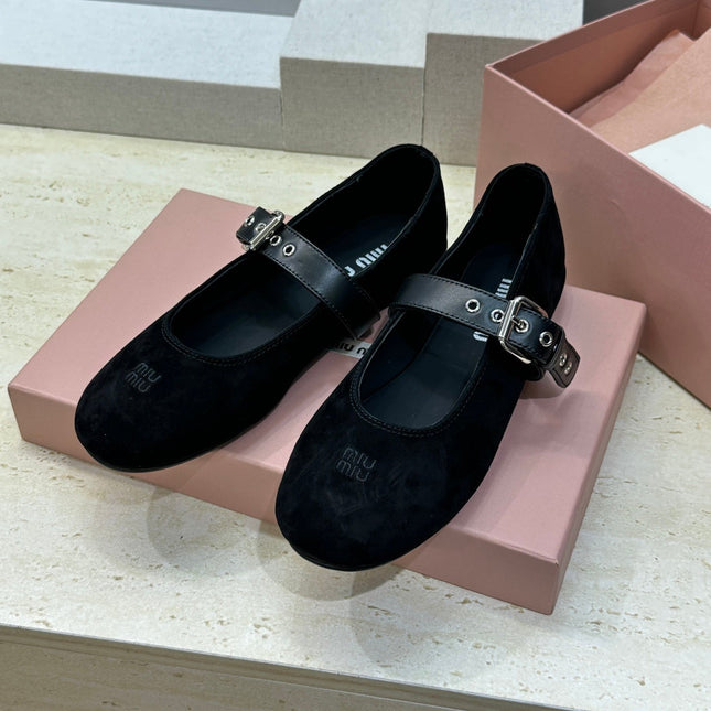 MIUMIU 26S MARY JANE FLATS IN BLACK SUEDE WITH BUCKLE STRAP CALFSKIN